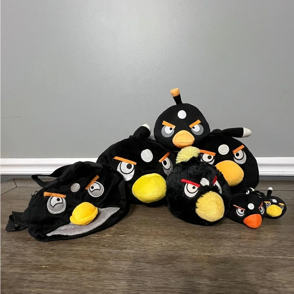 Angry Birds Plush Lot Black Bomb Bird Backpack Clips Stuffed Animal Collection